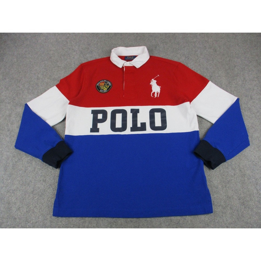 Ralph Lauren Polo Shirt Mens Medium Red Blue Cookie Big Pony Colorblock Rugby